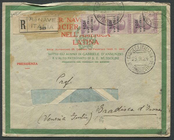 1924 - Regno dItalia - Crociera Italiana nellAmerica latina - Raccomandata da Nave Italia per Gradisca dIsonzo affrancata con striscia verticale di tre esemplari del 50 cent. violetto (Sass. 164).  - Asta Filatelia e Storia Postale - Associazione Nazionale - Case d'Asta italiane