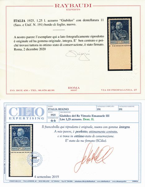1925-26  Regno dItalia  Giubileo del Re, le due serie complete dent. 13 e 11, gomma integra (Sass. S.36 e S.37).  - Asta Filatelia e Storia Postale - Associazione Nazionale - Case d'Asta italiane