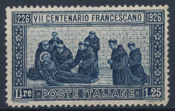 1926  Regno dItalia  7 centenario della morte di S. Francesco  1,25 lire azzurro dent. 13, gomma integra (Sass. 196).  - Asta Filatelia e Storia Postale - Associazione Nazionale - Case d'Asta italiane