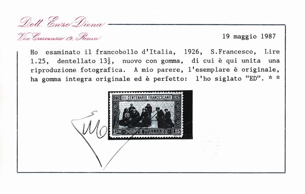 1926  Regno dItalia  7 centenario della morte di S. Francesco  1,25 lire azzurro dent. 13, gomma integra (Sass. 196).  - Asta Filatelia e Storia Postale - Associazione Nazionale - Case d'Asta italiane