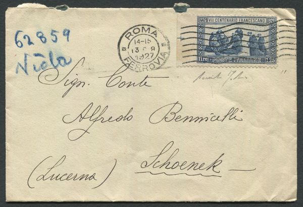 1927 - Regno dItalia - Lettera da Roma a Schoenek (Svizzera) affrancata con 1,25  lire lire azzurro dent. 11 variet non dentellato a sinistra bdf (Sass. 199 variet).  - Asta Filatelia e Storia Postale - Associazione Nazionale - Case d'Asta italiane