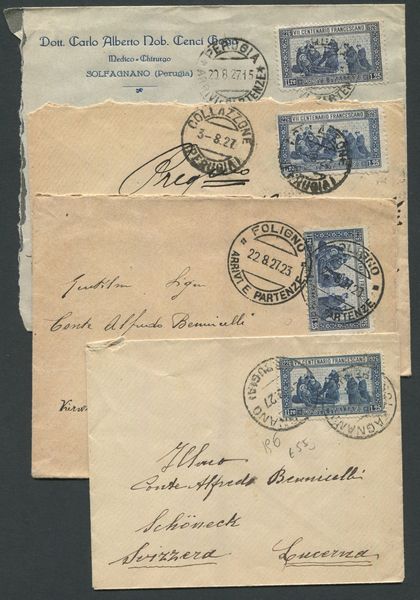 1927 - Regno dItalia - 7 centenario della morte di S. Francesco - 1,25 lire azzurro su quattro buste - Varie dentellature.  - Asta Filatelia e Storia Postale - Associazione Nazionale - Case d'Asta italiane