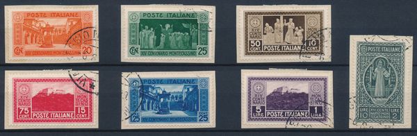 1929  Regno dItalia  14 centenario della fondazione dellAbbazia di Montecassino  serie cpl usata su frammenti (Sass. 52).  - Asta Filatelia e Storia Postale - Associazione Nazionale - Case d'Asta italiane