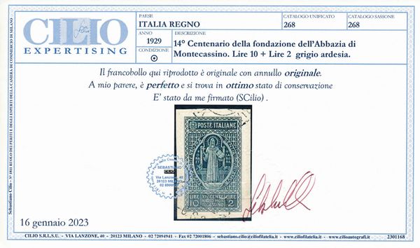 1929  Regno dItalia  14 centenario della fondazione dellAbbazia di Montecassino  serie cpl usata su frammenti (Sass. 52).  - Asta Filatelia e Storia Postale - Associazione Nazionale - Case d'Asta italiane
