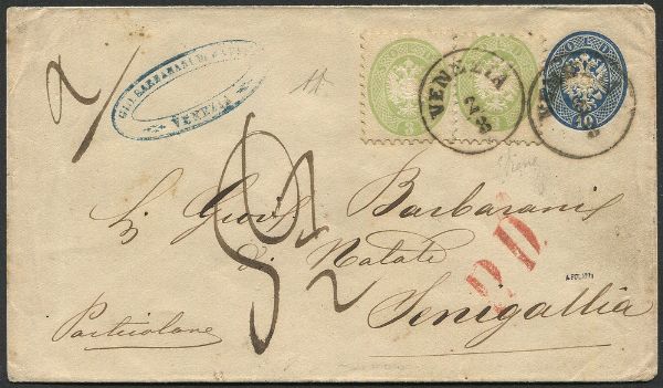 1865 - Lombardo Veneto - Intero Postale da 10 soldi da Venezia a Senigallia del 2 agosto 1865.  - Asta Filatelia e Storia Postale - Associazione Nazionale - Case d'Asta italiane