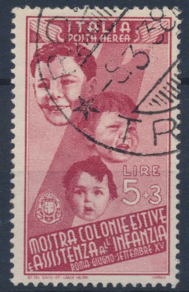 1937  Regno dItalia - Mostra delle Colonie Estive e Assistenza allinfanzia  Posta aerea - 5 lire + 3 lire carminio (Sass. A105).  - Asta Filatelia e Storia Postale - Associazione Nazionale - Case d'Asta italiane