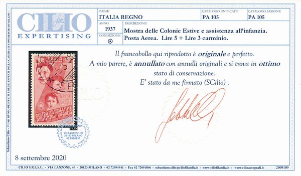 1937  Regno dItalia - Mostra delle Colonie Estive e Assistenza allinfanzia  Posta aerea - 5 lire + 3 lire carminio (Sass. A105).  - Asta Filatelia e Storia Postale - Associazione Nazionale - Case d'Asta italiane