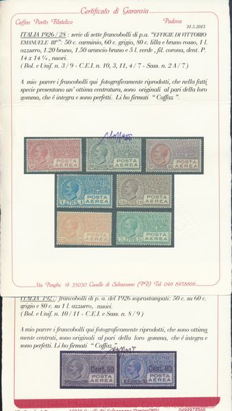 1917-27  Regno dItalia  Posta Aerea  Le prime quattro emissioni del Regno Sass. 1, 2, S.1500 e S.1501).  - Asta Filatelia e Storia Postale - Associazione Nazionale - Case d'Asta italiane