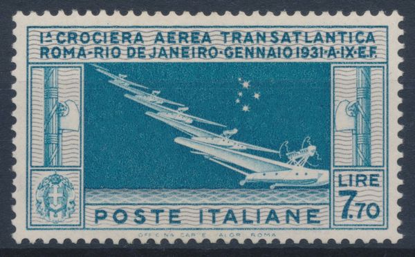 1930  Regno dItalia  Posta Aerea  Crociera transatlantica Italia-Brasile  7,70 lire celeste e grigio (Sass. 25).  - Asta Filatelia e Storia Postale - Associazione Nazionale - Case d'Asta italiane