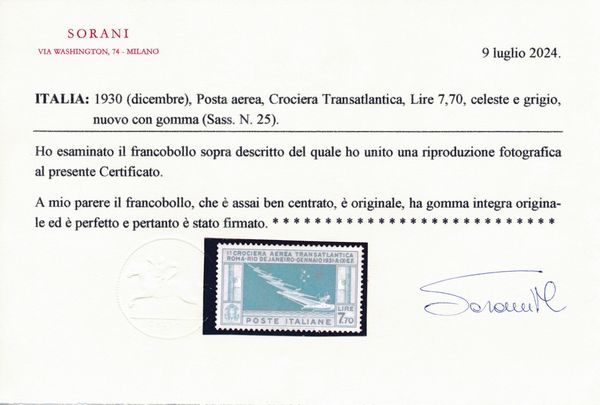 1930  Regno dItalia  Posta Aerea  Crociera transatlantica Italia-Brasile  7,70 lire celeste e grigio (Sass. 25).  - Asta Filatelia e Storia Postale - Associazione Nazionale - Case d'Asta italiane