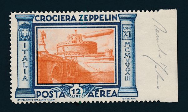 1933 - Regno dItalia - Posta Aerea - Crociera Zeppelin - 12 lire azzurro e aencio bdf non dentellato a destra (Sass. 48c).  - Asta Filatelia e Storia Postale - Associazione Nazionale - Case d'Asta italiane