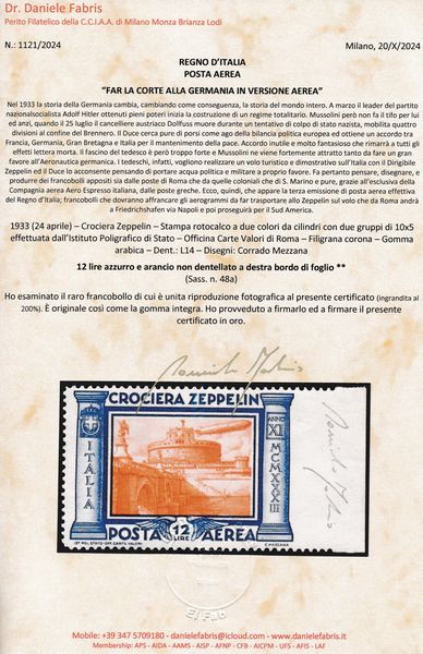 1933 - Regno dItalia - Posta Aerea - Crociera Zeppelin - 12 lire azzurro e aencio bdf non dentellato a destra (Sass. 48c).  - Asta Filatelia e Storia Postale - Associazione Nazionale - Case d'Asta italiane