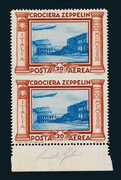 1933 - Regno dItalia - Posta Aerea - Crociera Zeppelin - 20 lire bruno rosso e azzurro coppia verticale bdf non dentellata al centro (Sass. 50b).  - Asta Filatelia e Storia Postale - Associazione Nazionale - Case d'Asta italiane
