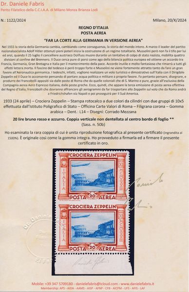 1933 - Regno dItalia - Posta Aerea - Crociera Zeppelin - 20 lire bruno rosso e azzurro coppia verticale bdf non dentellata al centro (Sass. 50b).  - Asta Filatelia e Storia Postale - Associazione Nazionale - Case d'Asta italiane