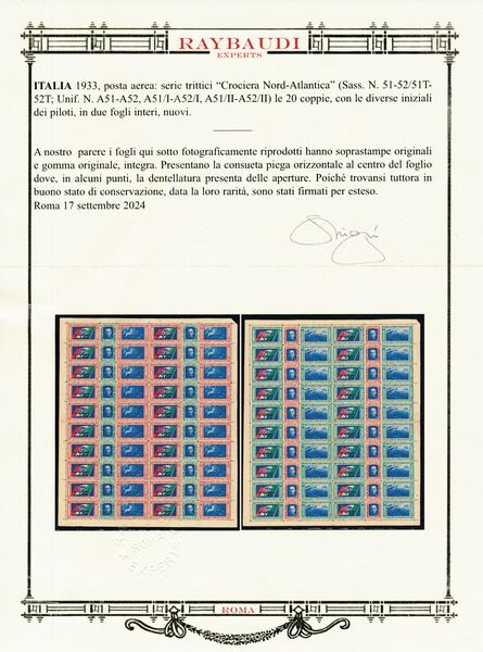 1933  Regno dItalia  Posta Aerea  Crociera aerea del Decennale  Trittici  - La serie in due fogli completi (Sass. 51-5251T-52T).  - Asta Filatelia e Storia Postale - Associazione Nazionale - Case d'Asta italiane