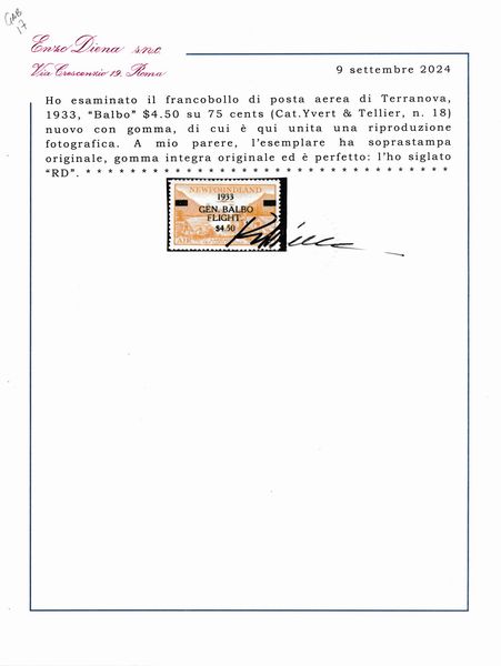 1933  Terranova  Posta Aerea  Crociera aerea del Generale Balbo  4,50$ su 75 cent. (Yvert 18).  - Asta Filatelia e Storia Postale - Associazione Nazionale - Case d'Asta italiane