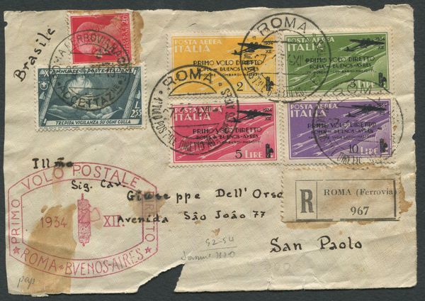 1934 - Regno dItalia - Volo Diretto Roma-Buenos Aires - Fronte di aerogramma da Roma a San Paolo (Brasile) affrancato con la serie completa dei francobolli appositamente emessi.  - Asta Filatelia e Storia Postale - Associazione Nazionale - Case d'Asta italiane