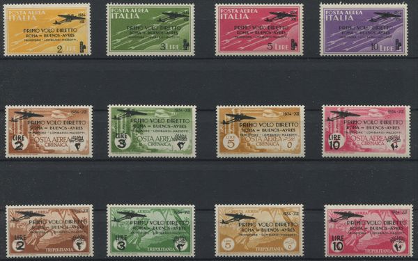 1934 - Regno d'Italia - Posta Aerea - Volo Roma-Buenos Aires, giri cpl. Regno e Colonie (Sass. 1511 S.28 e S.29) Tre serie complete, gomma integra.  - Asta Filatelia e Storia Postale - Associazione Nazionale - Case d'Asta italiane