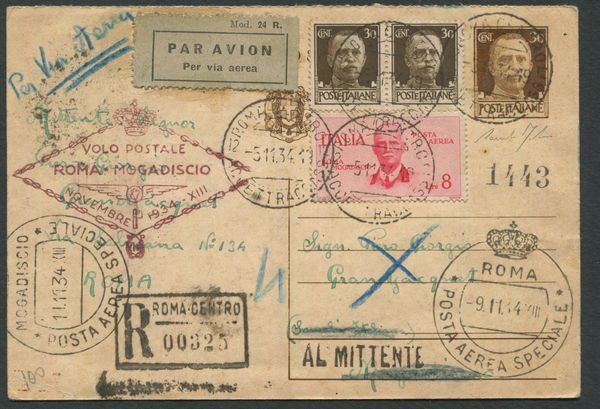 1934 - Regno dItalia - Volo Roma-Mogadiscio - Cartolina da Roma a Mogadiscio del 5 novembre 1934 affrancata con il francobollo appositamente emesso da 8 lire - Timbri speciali di Roma del 9.11 e di Mogadiscio dell11.11 (Longhi 3195) - Fabris  - Asta Filatelia e Storia Postale - Associazione Nazionale - Case d'Asta italiane