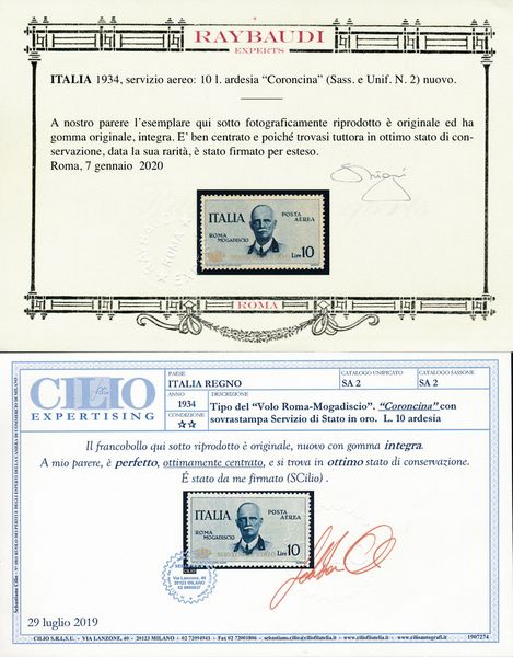 1934  Regno dItalia  Servizio Aereo  Volo Roma-Mogadiscio  10 lire ardesia Coroncina (Sass. 2).  - Asta Filatelia e Storia Postale - Associazione Nazionale - Case d'Asta italiane