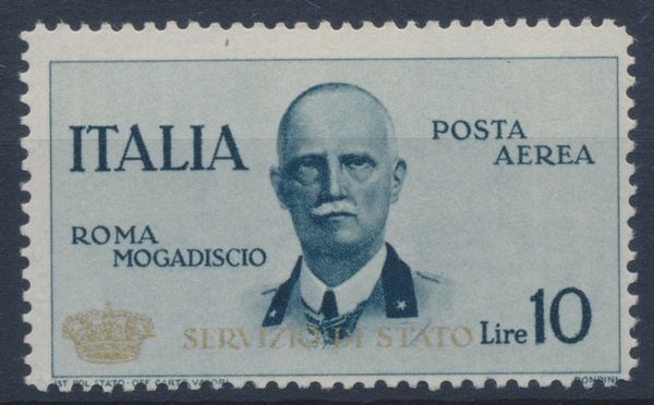 1934  Regno dItalia  Servizio Aereo  Volo Roma-Mogadiscio  10 lire ardesia Coroncina (Sass. 2).  - Asta Filatelia e Storia Postale - Associazione Nazionale - Case d'Asta italiane