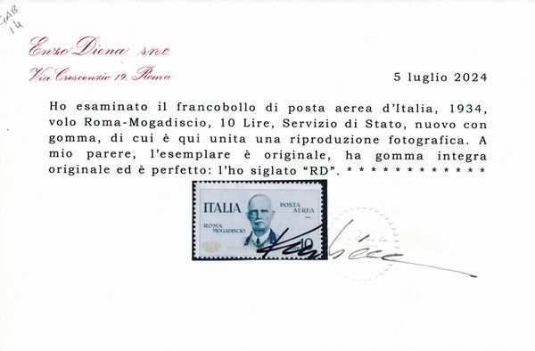 1934  Regno dItalia  Servizio Aereo  Volo Roma-Mogadiscio  10 lire ardesia Coroncina (Sass. 2).  - Asta Filatelia e Storia Postale - Associazione Nazionale - Case d'Asta italiane