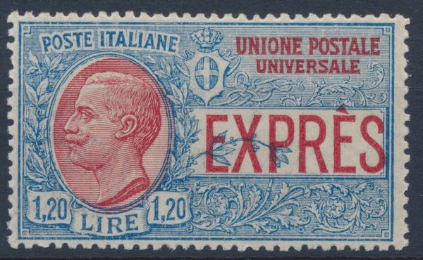 1922  Regno dItalia  Espressi  Effige di Vittorio Emanuele III  1,20 lire azzurro e rosso, non emesso (Sass. 8).  - Asta Filatelia e Storia Postale - Associazione Nazionale - Case d'Asta italiane