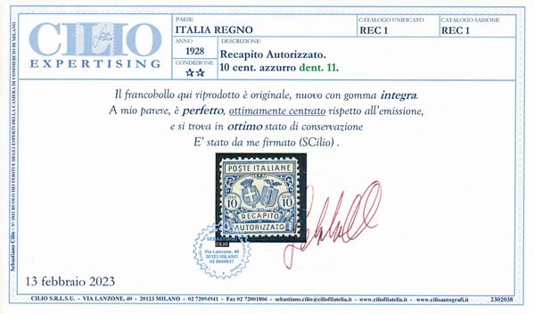1928  Regno dItalia  Recapito autorizzato  10 cent. azzurro (Sass. 1).  - Asta Filatelia e Storia Postale - Associazione Nazionale - Case d'Asta italiane