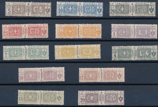 1914-22  Regno dItalia  Pacchi Postali  Stemma e cifra su due sezioni dentellate al centro e nodi sabaudi  serie completa (Sass. S.2101).  - Asta Filatelia e Storia Postale - Associazione Nazionale - Case d'Asta italiane