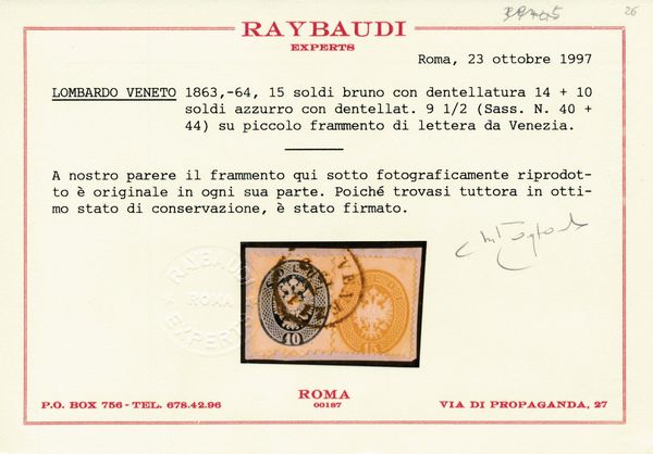 1863-64 � Lombardo-Veneto � 15 soldi bruno dent. 14 (Sass. 40) e 10 soldi azzurro dent. 9� (Sass. 44) su piccolo frammento ed annullo di Venezia.  - Asta Filatelia e Storia Postale - Associazione Nazionale - Case d'Asta italiane