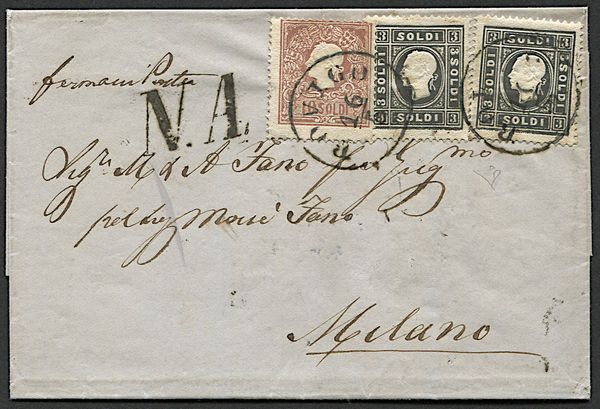1862, Lombardo Veneto, lettera da Rovigo per Milano del 16 maggio affrancata con 3 soldi nero, due esemplari, pi 10 soldi bruno (S. 24, 31) in tariffa di 16 soldi dalla I distanza austriaca alla I italiana. La lettera  stata inviata il primo giorno dellentrata in vigore della Convenzione tra Italia e Austria e il bollo N. A. usato impropriamente a significare che la lettera era franca e non doveva essere tassata.  - Asta Filatelia e Storia Postale - Associazione Nazionale - Case d'Asta italiane