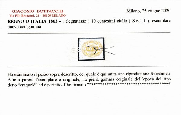 1863 - Regno dItalia - Segnatasse - 1 giallo (Sass. 1).  - Asta Filatelia e Storia Postale - Associazione Nazionale - Case d'Asta italiane