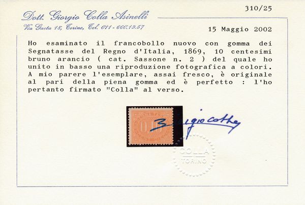 1869 - Regno d�Italia - Segnatasse - 10 cent. bruno arancio (Sass.2).  - Asta Filatelia e Storia Postale - Associazione Nazionale - Case d'Asta italiane