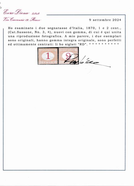 1870  Regno dItalia  Segnatasse  1 e 2 cent. ocra e carminio (Sass. 3 e 4).  - Asta Filatelia e Storia Postale - Associazione Nazionale - Case d'Asta italiane
