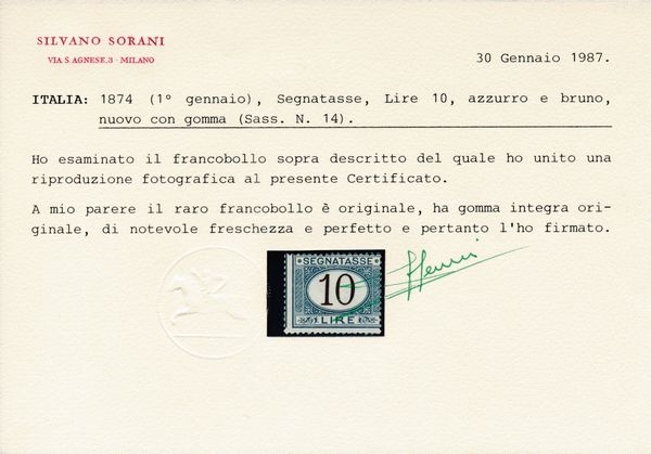 1874 - Regno dItalia - Segnatasse - 10 lire azzurro e bruno (Sass. 14).  - Asta Filatelia e Storia Postale - Associazione Nazionale - Case d'Asta italiane
