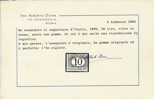 1874 - Regno dItalia - Segnatasse - 10 lire azzurro e bruno (Sass. 14).  - Asta Filatelia e Storia Postale - Associazione Nazionale - Case d'Asta italiane