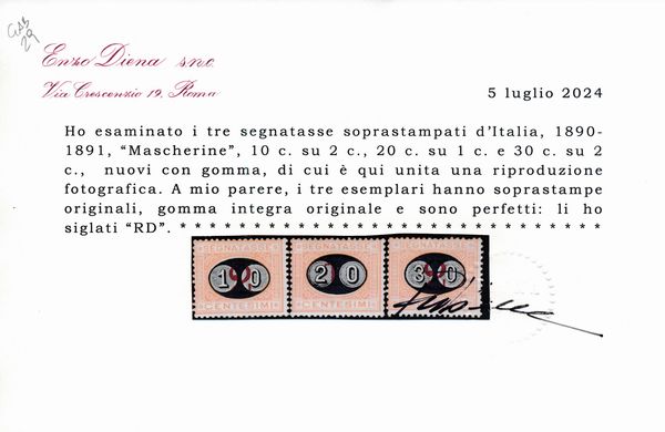 1890-91  Regno dItalia  Segnatasse  Segnatasse del 1870 soprastampati Mascherine serie completa (Sass. S.2302).  - Asta Filatelia e Storia Postale - Associazione Nazionale - Case d'Asta italiane