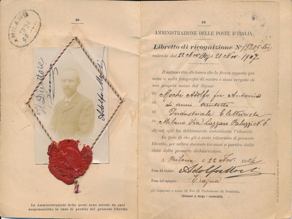 1904 - Regno dItalia - Libretto di Ricognizione per lestero emesso a Milano il 22 novembre con 1 lira bruno e verde Floreale (Sass. 77).  - Asta Filatelia e Storia Postale - Associazione Nazionale - Case d'Asta italiane