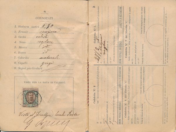 1904 - Regno dItalia - Libretto di Ricognizione per lestero emesso a Milano il 22 novembre con 1 lira bruno e verde Floreale (Sass. 77).  - Asta Filatelia e Storia Postale - Associazione Nazionale - Case d'Asta italiane