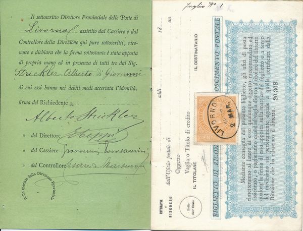 1874 - Regno dItalia - Ricognizione postale - Libretto completo di 10 pagine con annullo di LIVORNO 2 marzo 1887.  - Asta Filatelia e Storia Postale - Associazione Nazionale - Case d'Asta italiane
