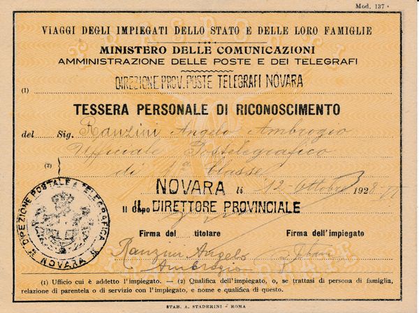 1928 - Tessera Ferroviaria di Riconoscimento del 12 ottobre  - Asta Filatelia e Storia Postale - Associazione Nazionale - Case d'Asta italiane