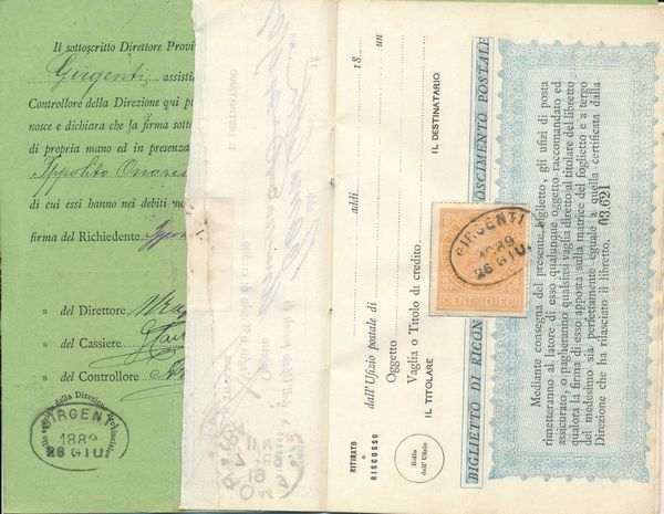 1874 - Regno d�Italia - Ricognizione postale - Libretto completo di 8 pagine con annullo di GIRGENTI 26 giugno 1888.  - Asta Filatelia e Storia Postale - Associazione Nazionale - Case d'Asta italiane