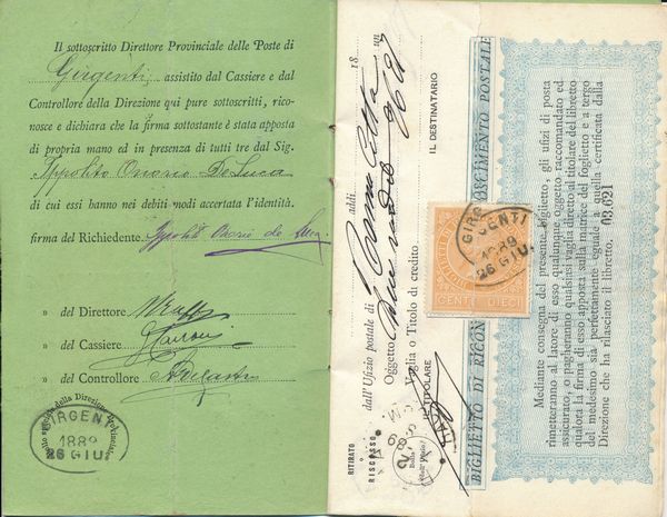 1874 - Regno d�Italia - Ricognizione postale - Libretto completo di 8 pagine con annullo di GIRGENTI 26 giugno 1888.  - Asta Filatelia e Storia Postale - Associazione Nazionale - Case d'Asta italiane