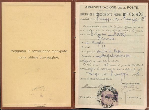 1912 - Regno d�Italia - Libretto di Riconoscimento postale per l�interno 8 maggio con 50c. violetto �Michetti�.  - Asta Filatelia e Storia Postale - Associazione Nazionale - Case d'Asta italiane