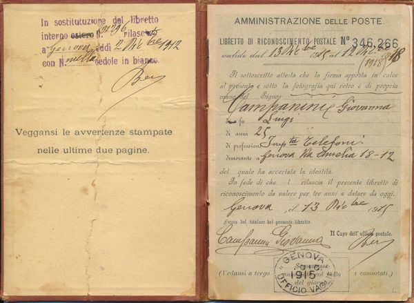 1915 - Regno d�Italia - Libretto di Riconoscimento postale per l�interno 13 dicembre senza francobolli.  - Asta Filatelia e Storia Postale - Associazione Nazionale - Case d'Asta italiane