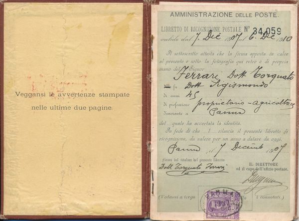 1907 - Regno d'Italia - Libretto di Ricognizione postale per l�interno 7 dicembre con 50c. violetto �Floreale�.  - Asta Filatelia e Storia Postale - Associazione Nazionale - Case d'Asta italiane