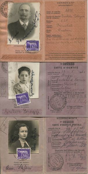 1936-43 - Regno d'Italia - Tre tessere di riconoscimento postale, I, II e III tipo affrancate per 3,70 lire.  - Asta Filatelia e Storia Postale - Associazione Nazionale - Case d'Asta italiane