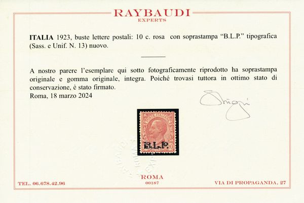 1922 � Regno d�Italia - Buste Lettere Postali � 10 cent. rosa, soprastampa �B.L.P.�, III tipo (Sass. 13).  - Asta Filatelia e Storia Postale - Associazione Nazionale - Case d'Asta italiane