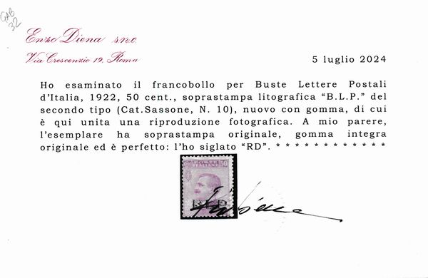 1922 � Regno d�Italia - Buste Lettere Postali � 50 cent. violetto, soprastampa �B.L.P.�, II tipo (Sass. 10).  - Asta Filatelia e Storia Postale - Associazione Nazionale - Case d'Asta italiane