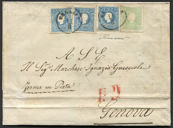 1863, Lombardo Veneto, lettera da Venezia per Genova del 18 agosto. In tariffa triplo porto di 48 soldi, con tre esemplari del 15 soldi e uno da 3 soldi (Sass. 32, 35), perfetti e ben dentellati. Bollo di arrivo a Genova del 20 agosto.  - Asta Filatelia e Storia Postale - Associazione Nazionale - Case d'Asta italiane